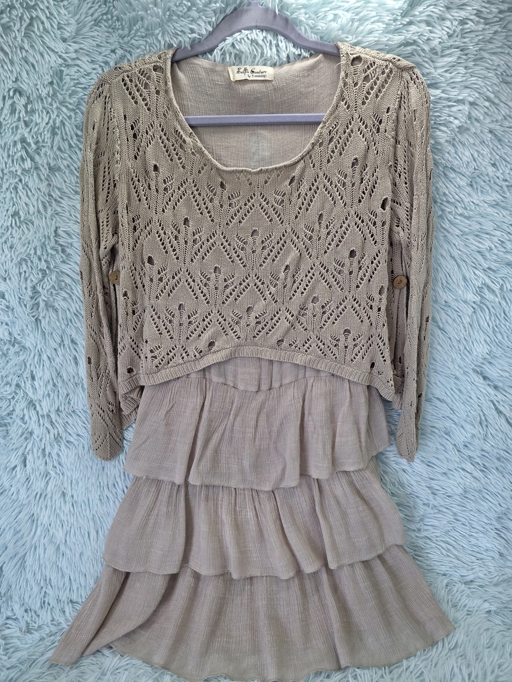 Selfie Couture Taupe Tiered Ruffle Dress Set with Knit Bolero XS/S